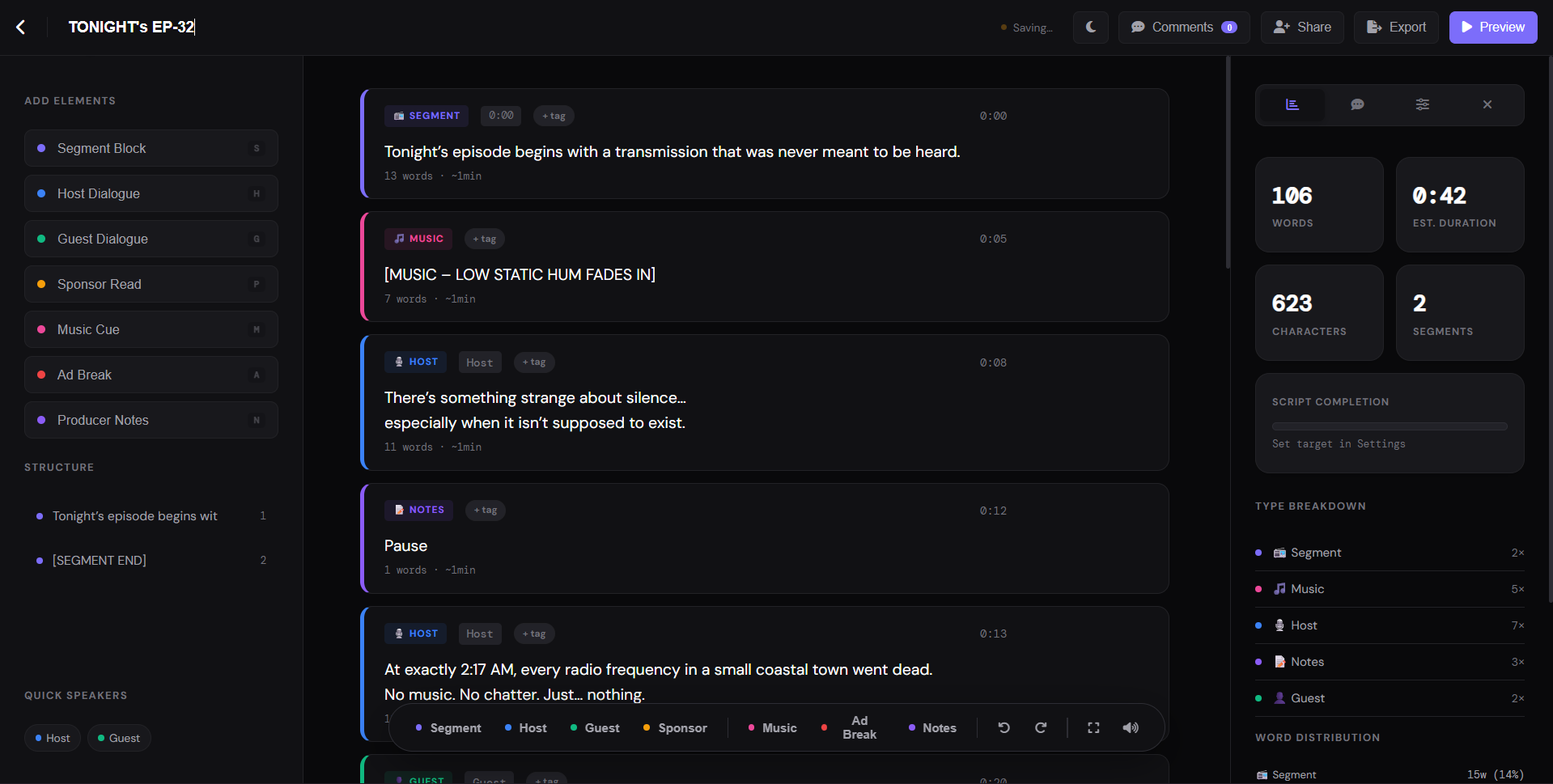 Broken Signal podcast script formatted in ScriptAce — Draft 4
