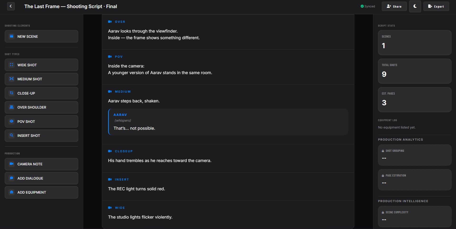 The Last Frame shooting script formatted in ScriptAce — Final